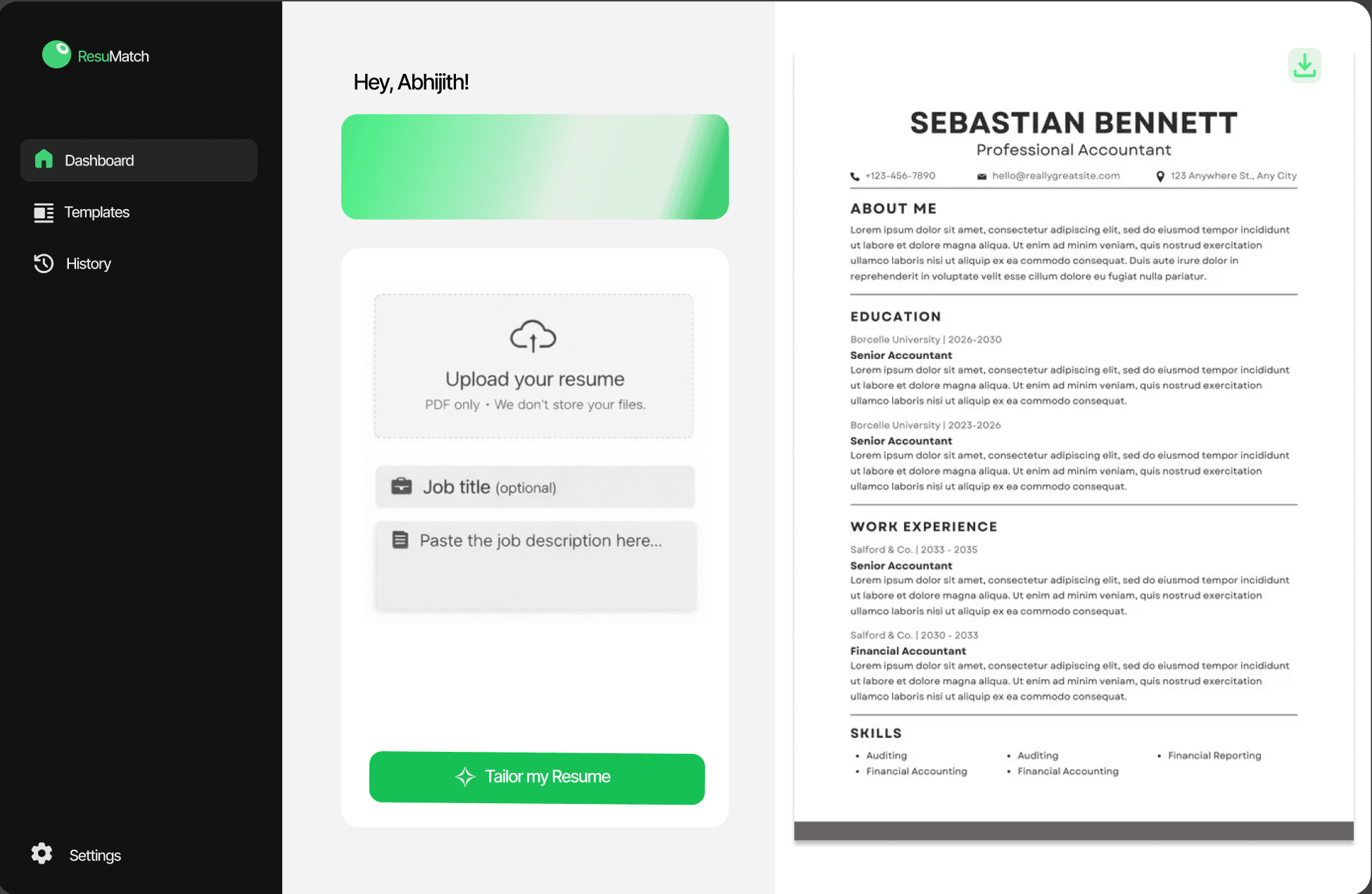 ResuMatch Dashboard Preview
